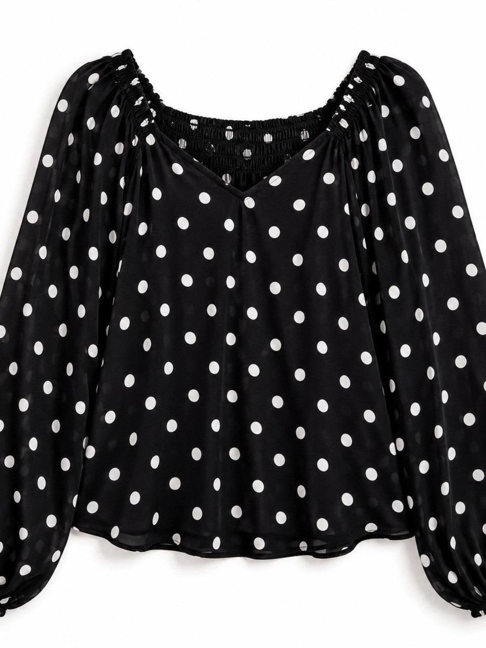 Vince Camuto Polka Dot Smocked Neck Blouson Top - Black & White